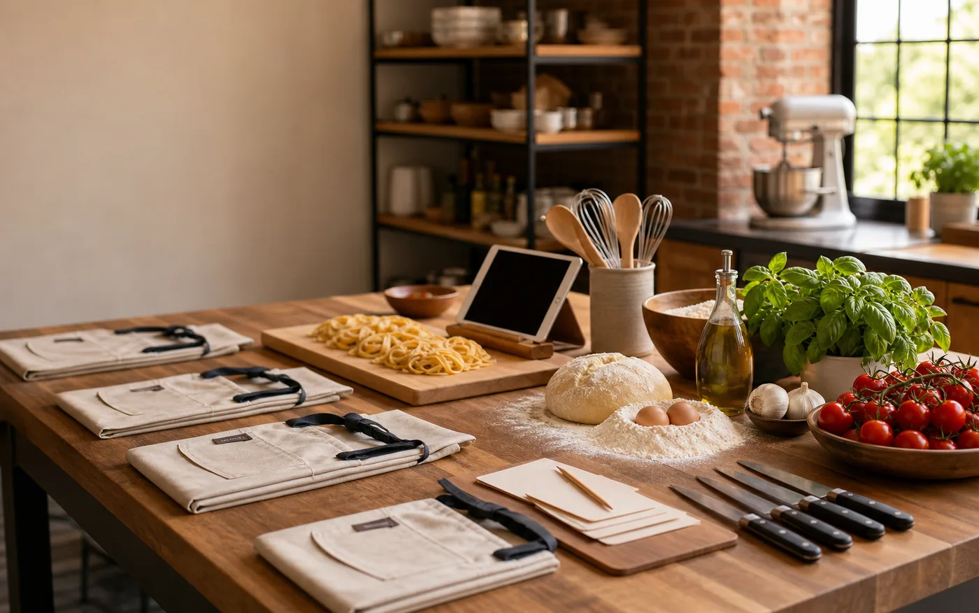 Cooking school prep table with pasta ingredients, knives, aprons, and a booking tablet