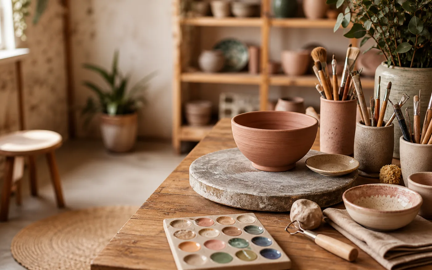 Ceramics workshop table with clay tools, bowls, brushes, and glazing samples