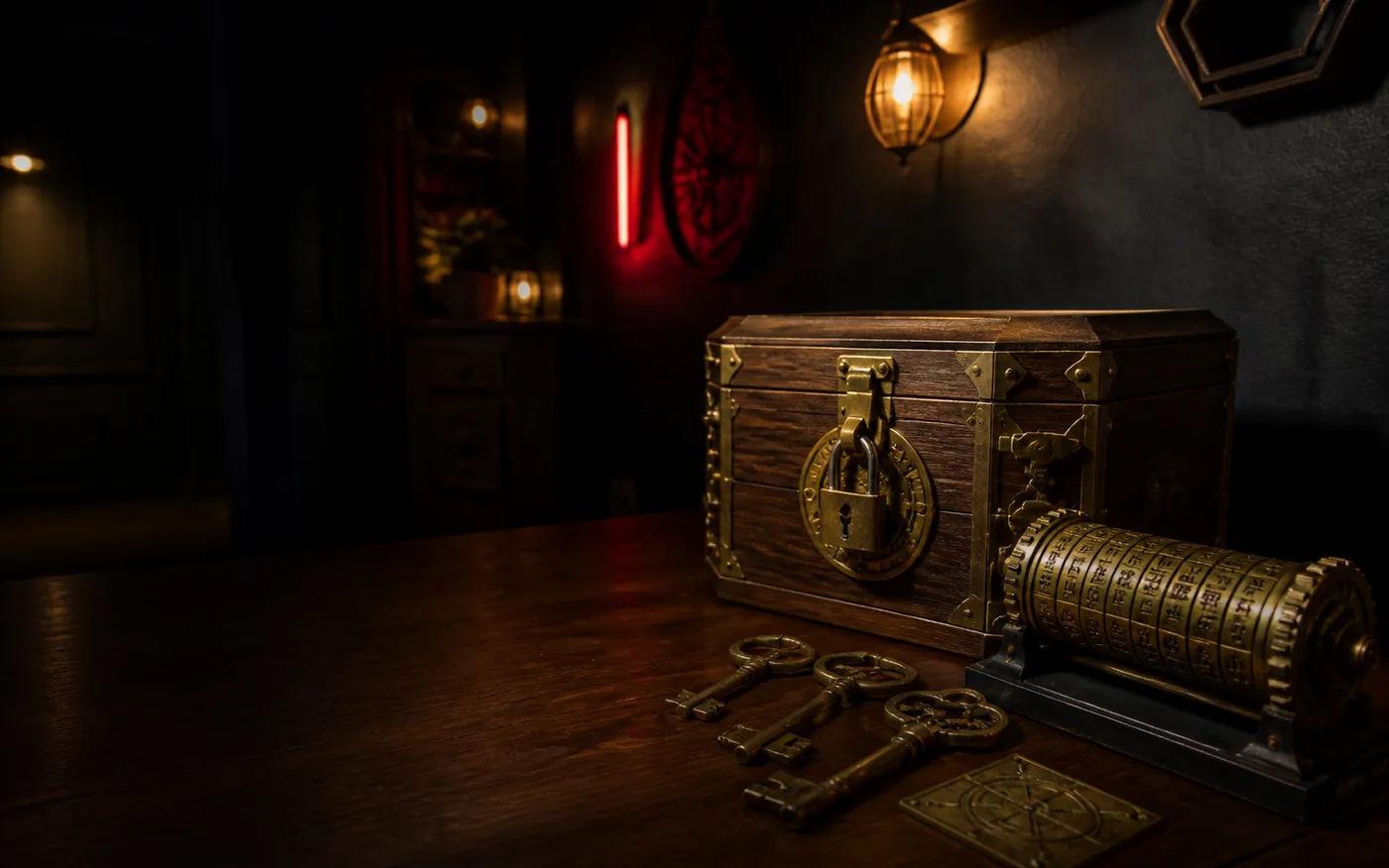 Moody escape room puzzle table with keys, a lock box, and a timer