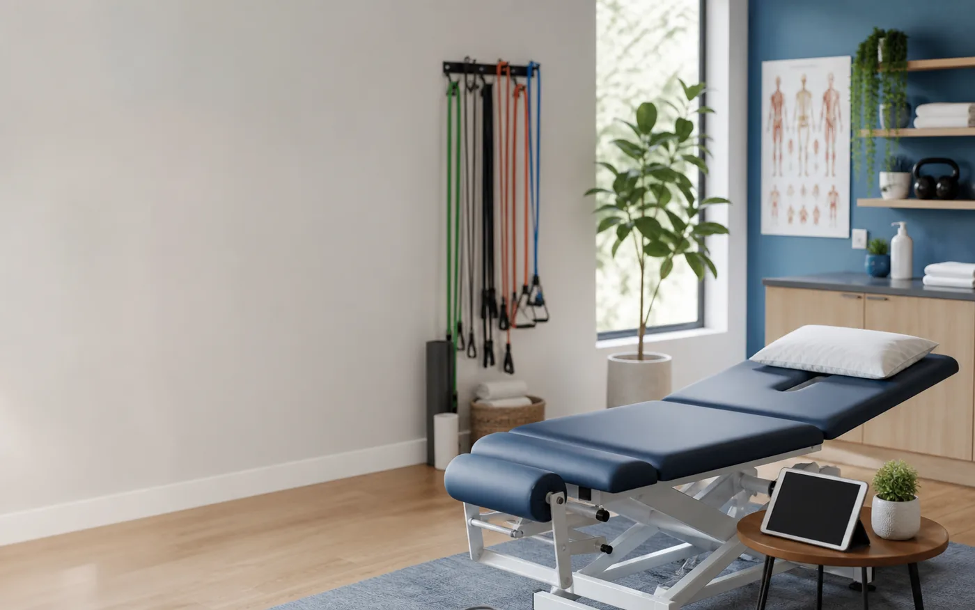 Modern clinic room with an exam table, mobility bands, and a booking tablet