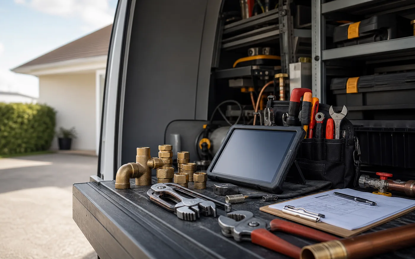 Home service workbench with tools, parts, and a dispatch tablet in a van