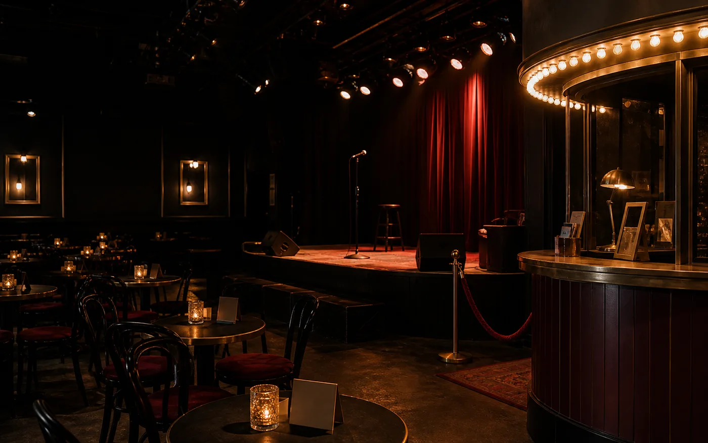 Intimate live venue with stage lights, empty seats, and a box office before doors