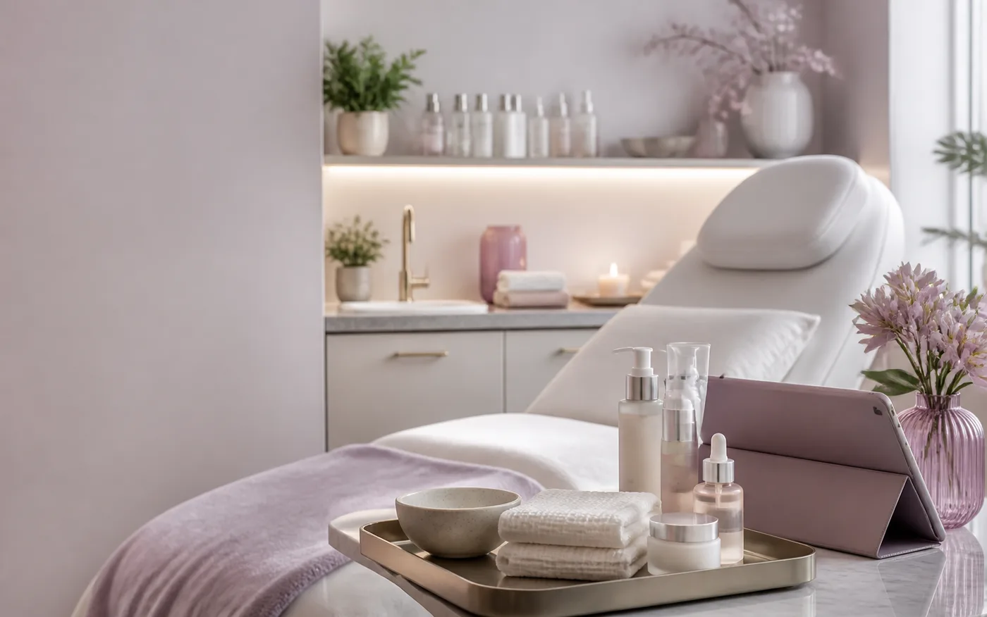 Spa treatment room with skincare tray, towels, bottles, and a booking tablet