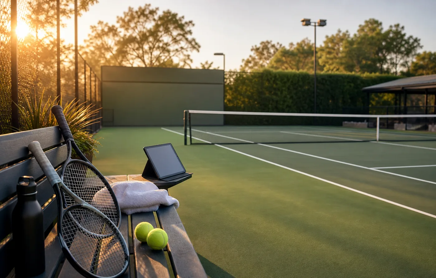 Empty racquet court at golden hour with racquets, balls, and a booking tablet