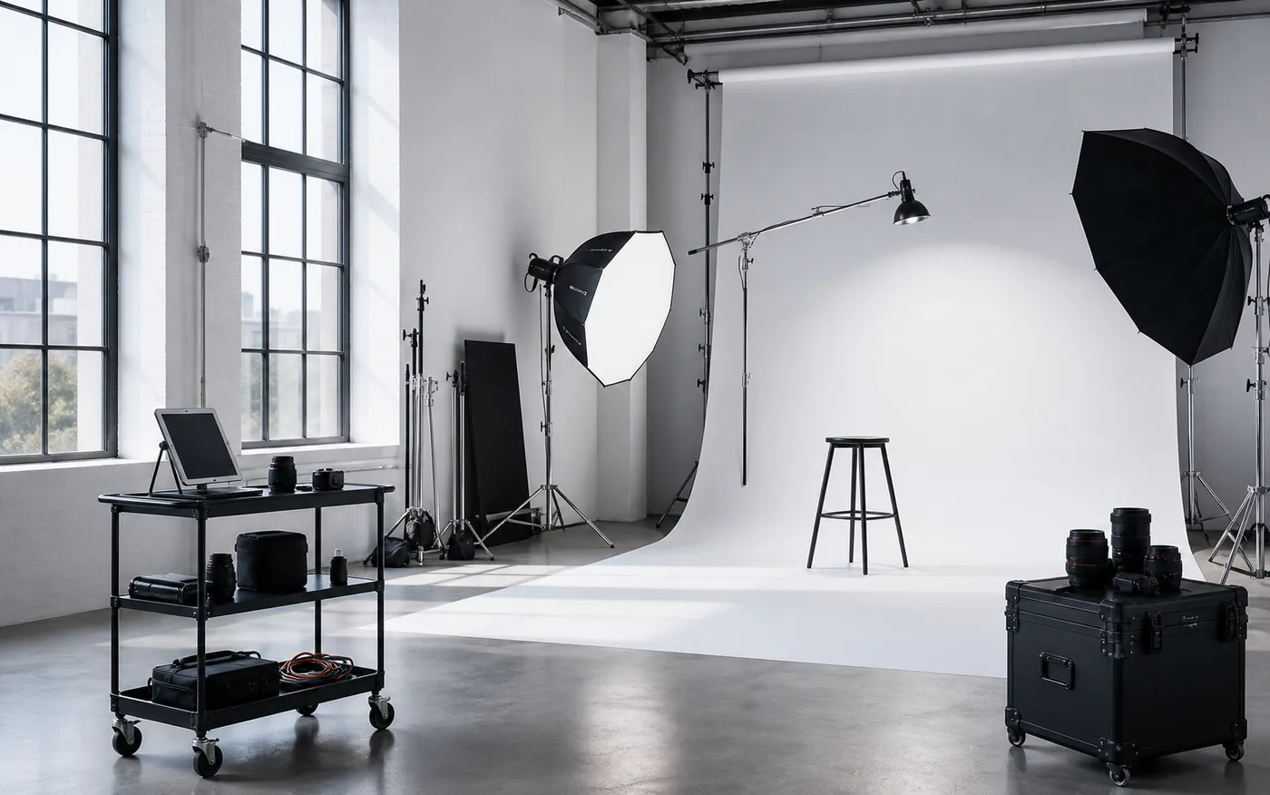Bright photography studio with seamless backdrop, softboxes, gear, and a booking tablet