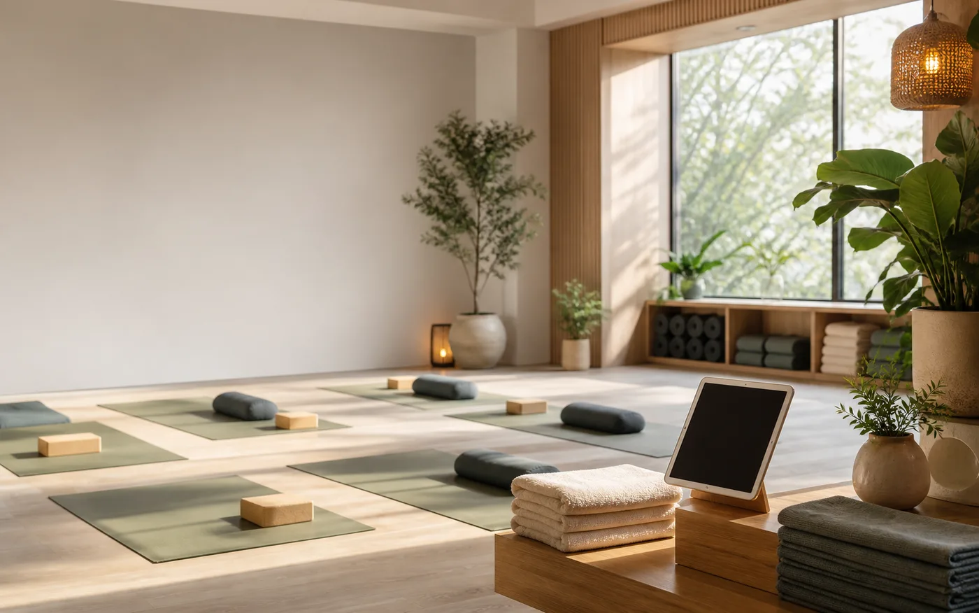 Sunlit yoga studio with mats and a check-in tablet ready before class