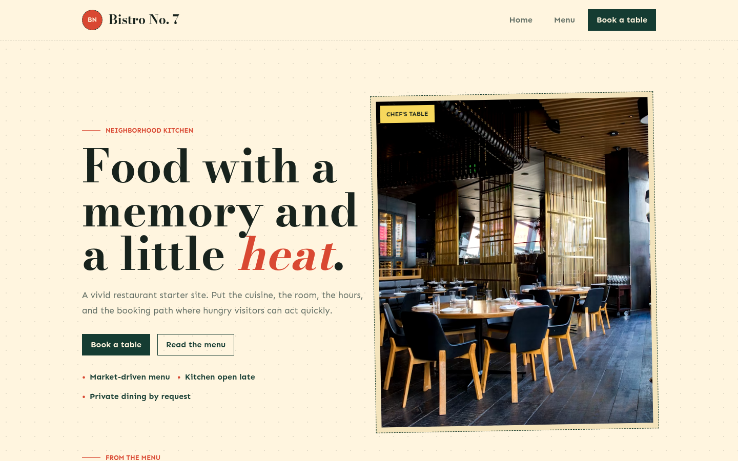 Screenshot of the Bistro template homepage