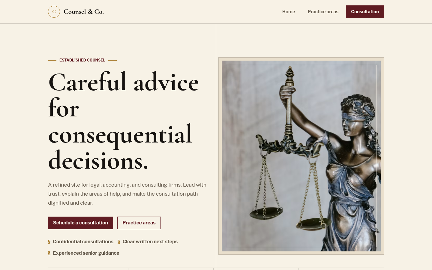 Screenshot of the Counsel template homepage