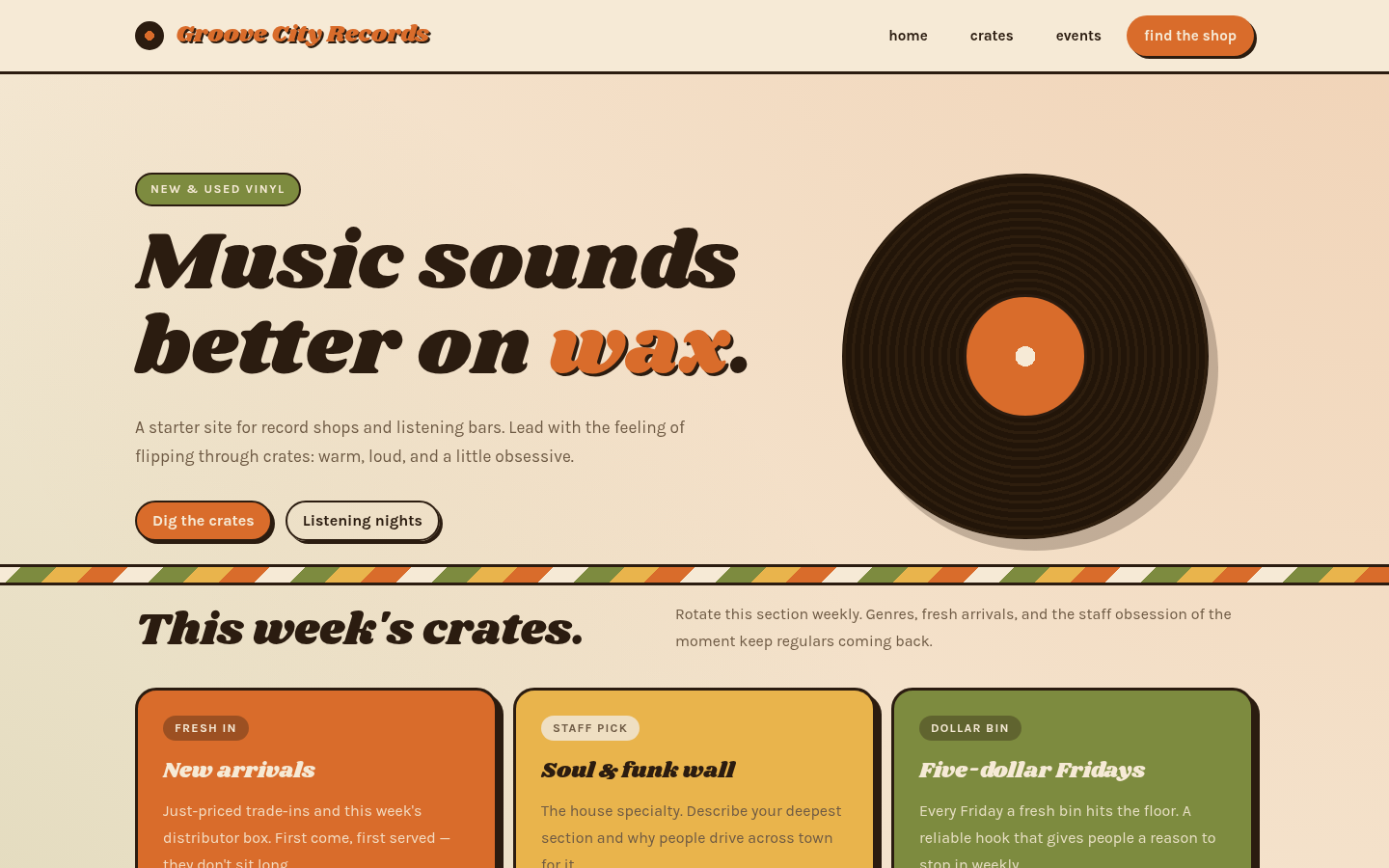 Screenshot of the Groove template homepage