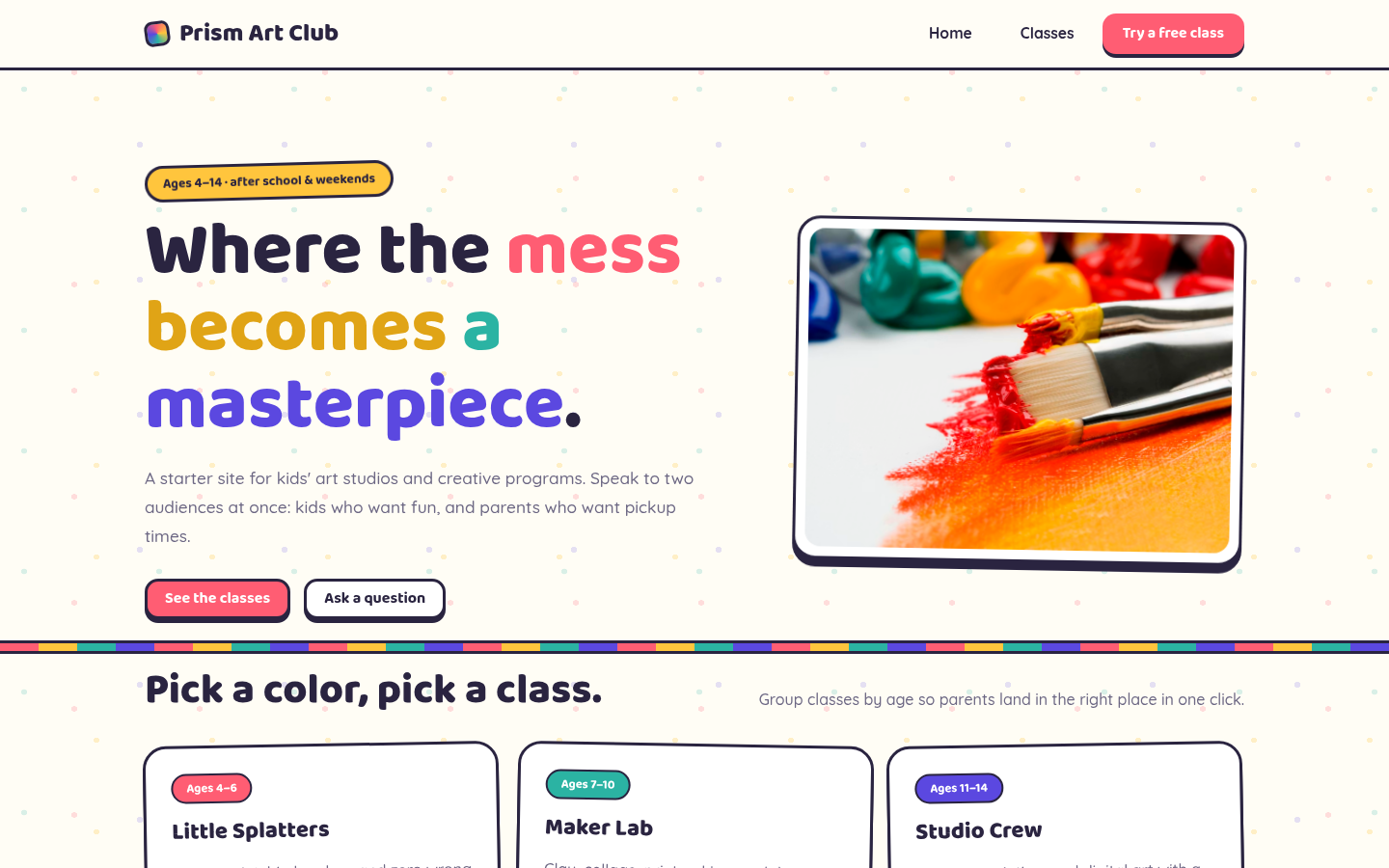 Screenshot of the Prism template homepage